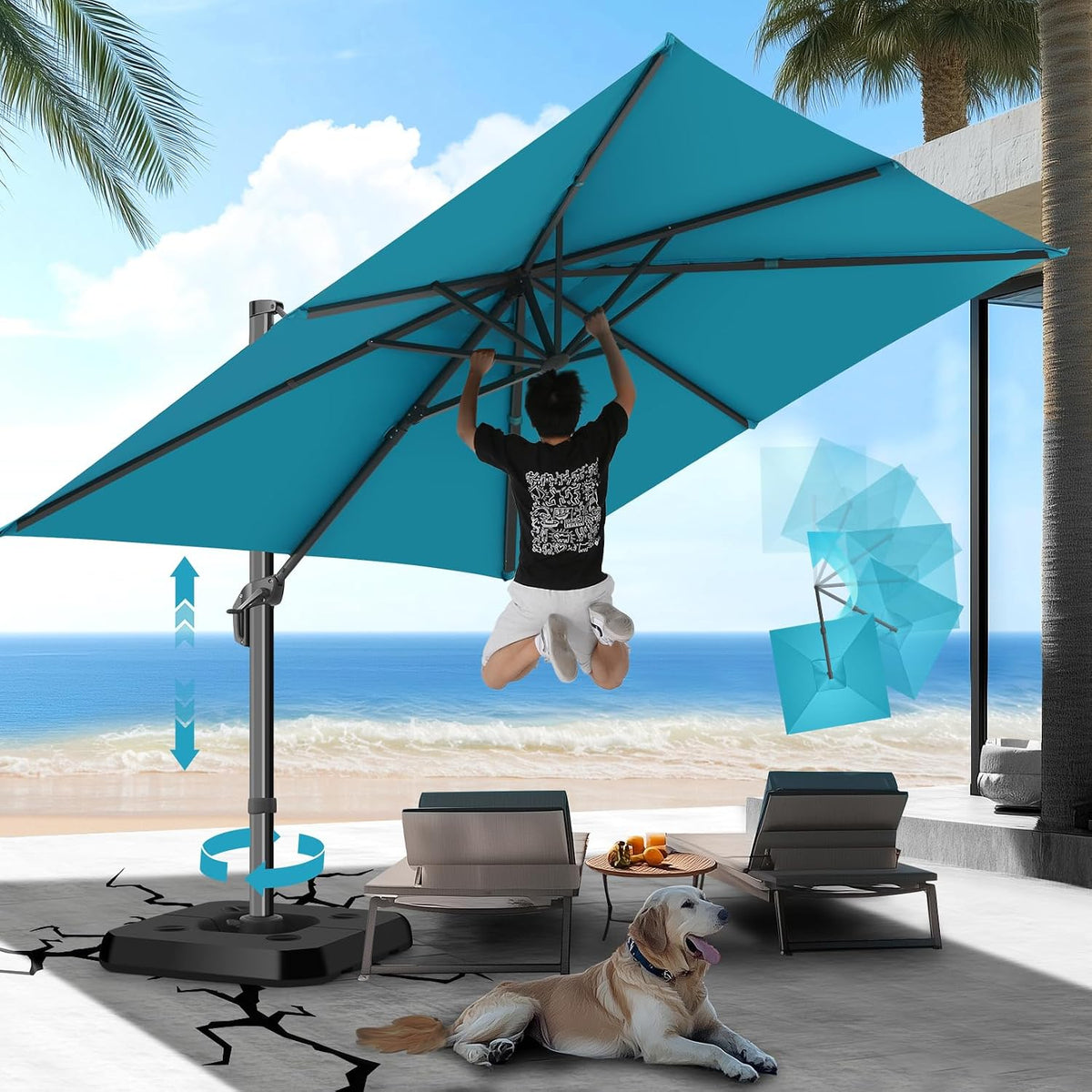 Turquoise offset patio umbrella over lounge chairs and a dog, person reaching up beneath canopy by the beach