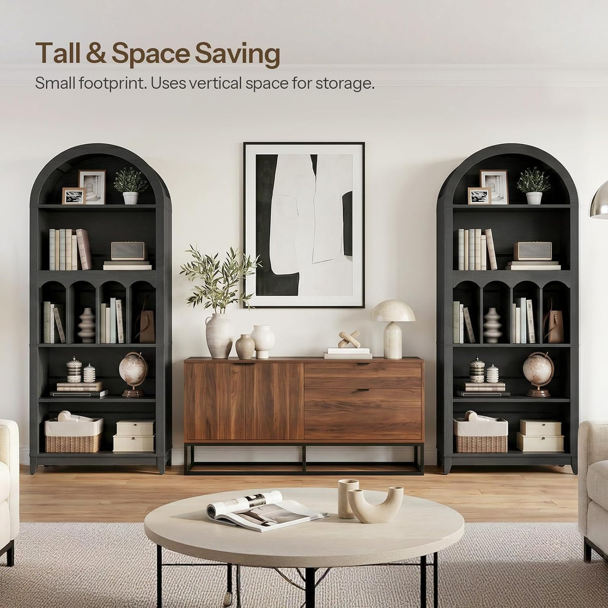 Two black arched bookcases flanking a console in a living room to illustrate a tall, space-saving layout