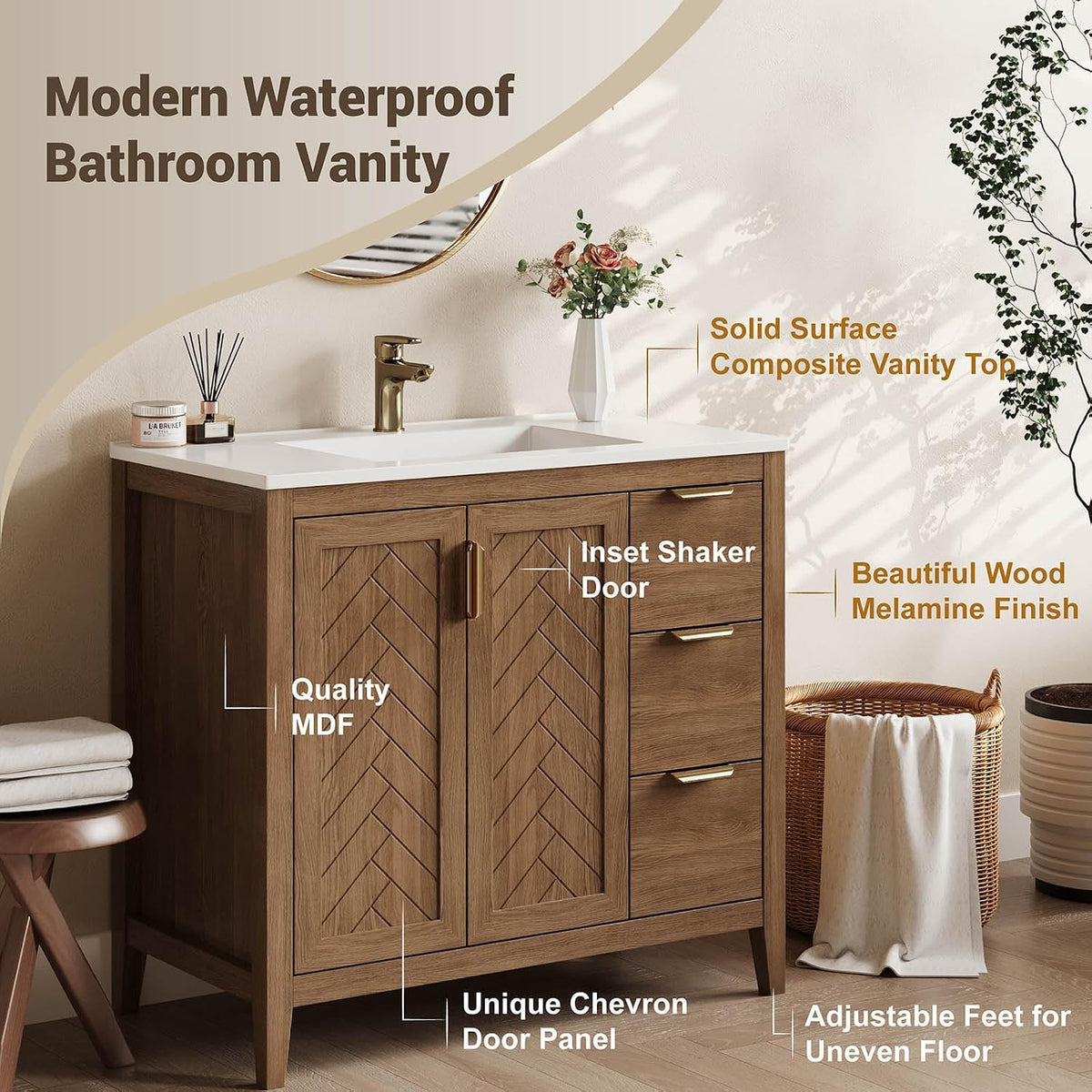 Angled view of brown MDF vanity with solid-surface white composite top and inset shaker-style chevron door panels