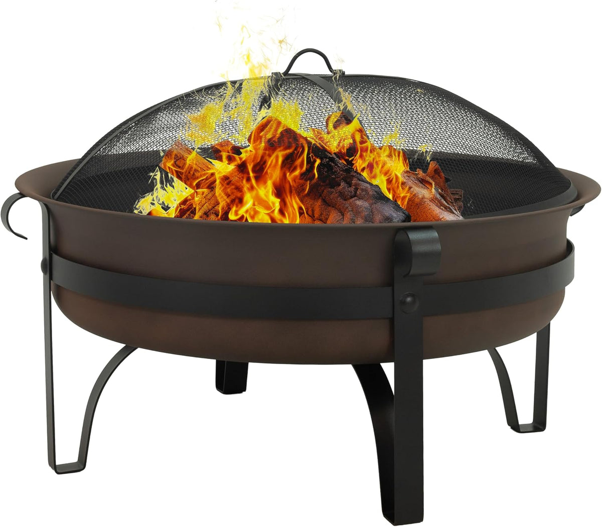 Front-side view of a dark bronze cauldron fire pit on black metal legs with dome mesh screen and visible flames.