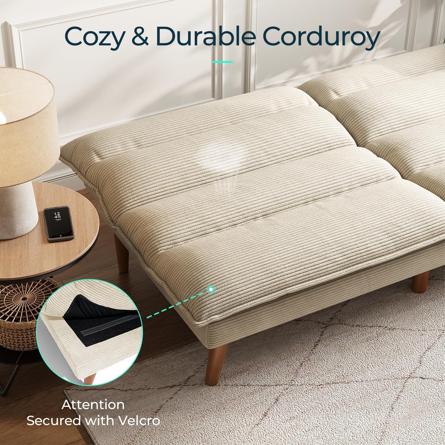 Close-up of the beige corduroy surface and cushion with inset showing velcro attachment detail
