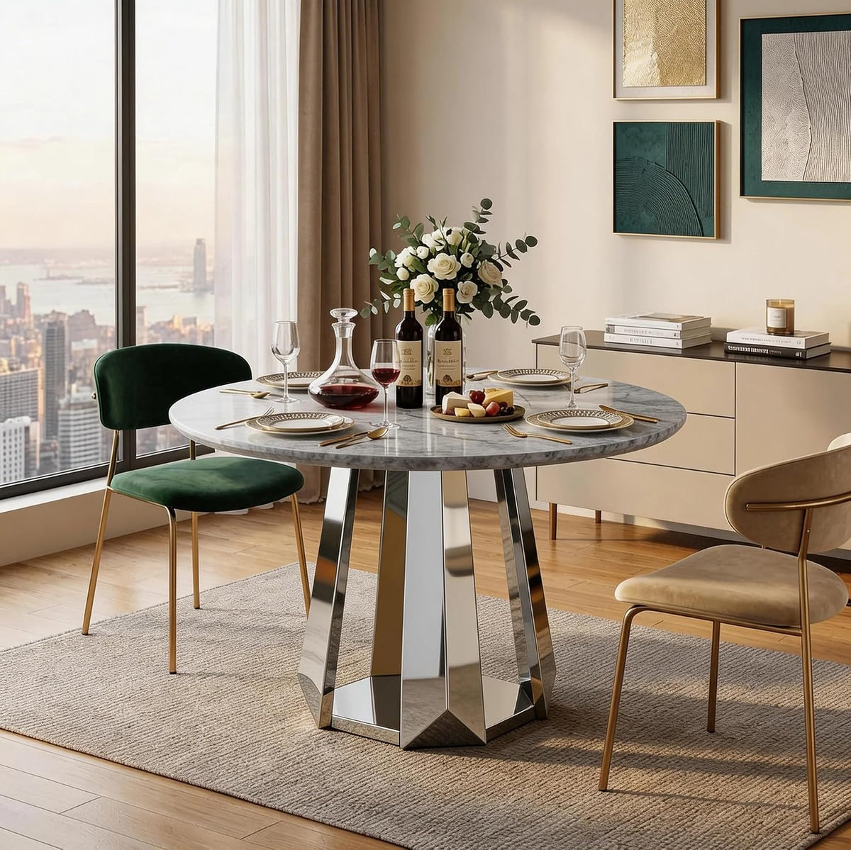 Marble-top table with faceted mirror-finish stainless pedestal base, set with wine and glassware