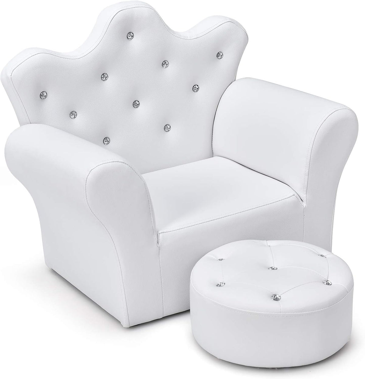 Three-quarter view of a white toddler armchair with crown-shaped back, crystal button tufting and a matching round ottoman