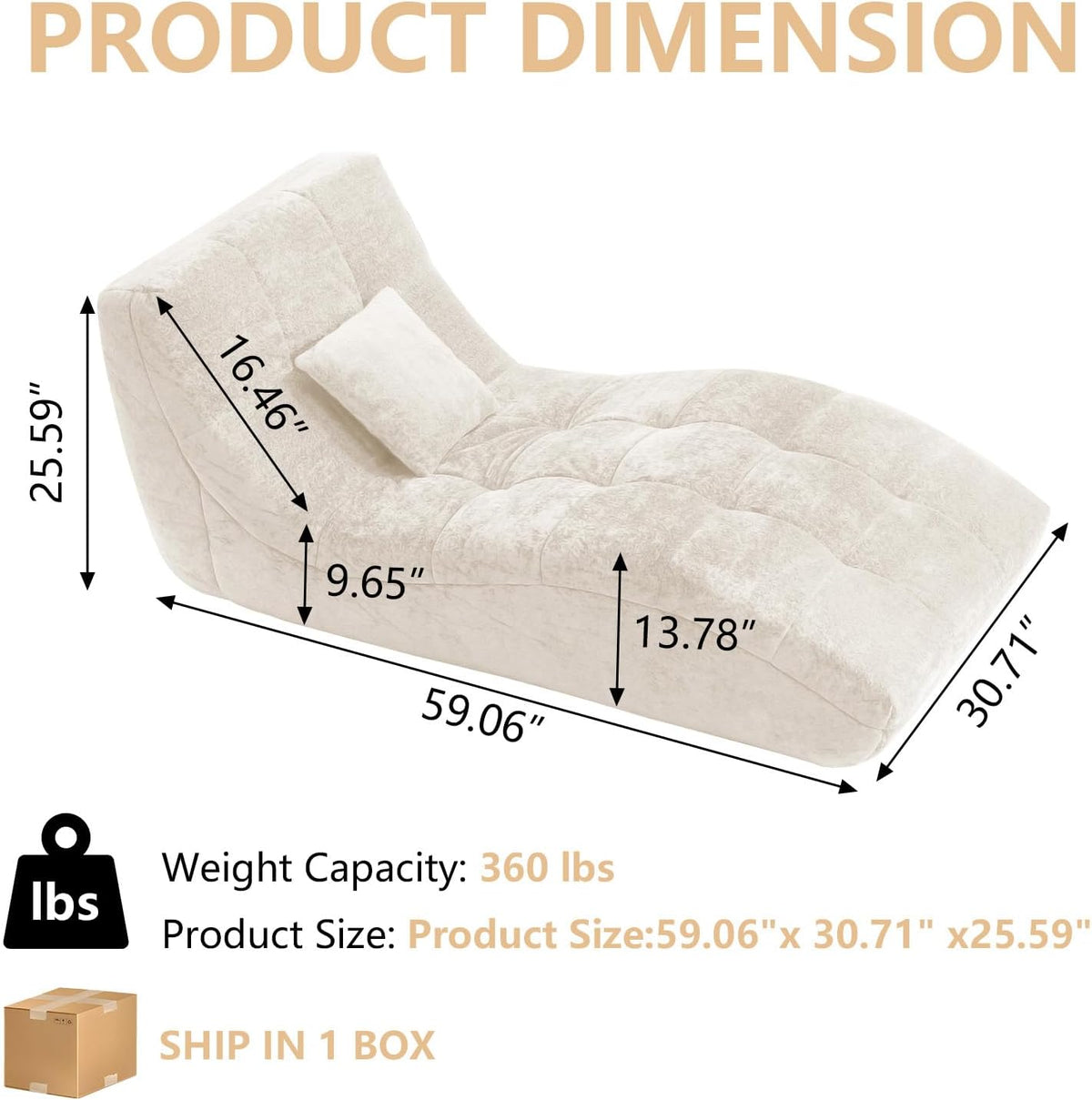 Chaise lounge with dimension overlays showing 59.06 in length, 30.71 in width, 25.59 in height and weight capacity text