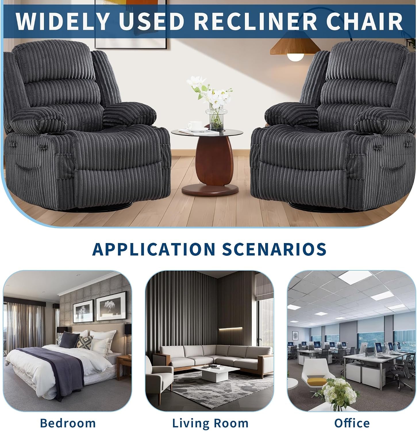 Two gray recliners flanking a small round table with three inset room thumbnails labeled bedroom, living room, office.