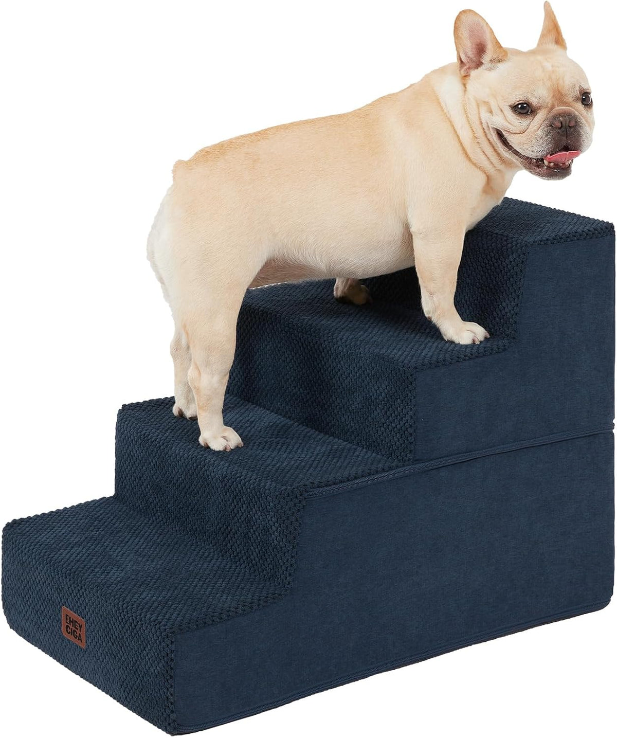 Light tan French bulldog standing on navy blue four-step fabric pet stairs