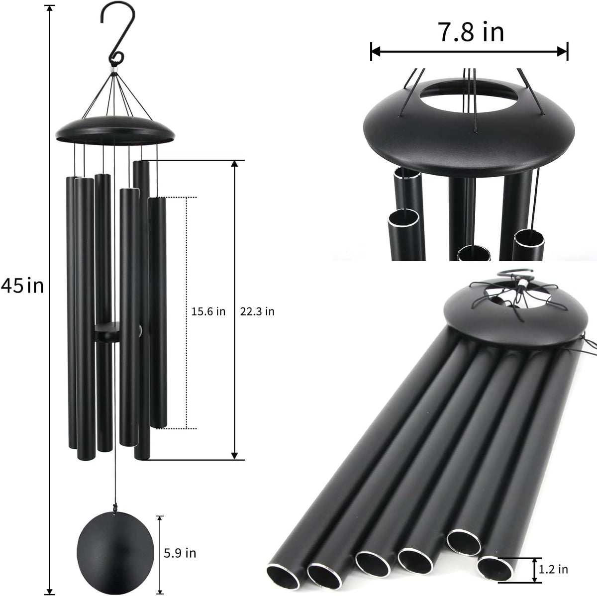 Collage showing 45-inch wind chime dimensions, top dome and close-up of tubes with measurement overlays