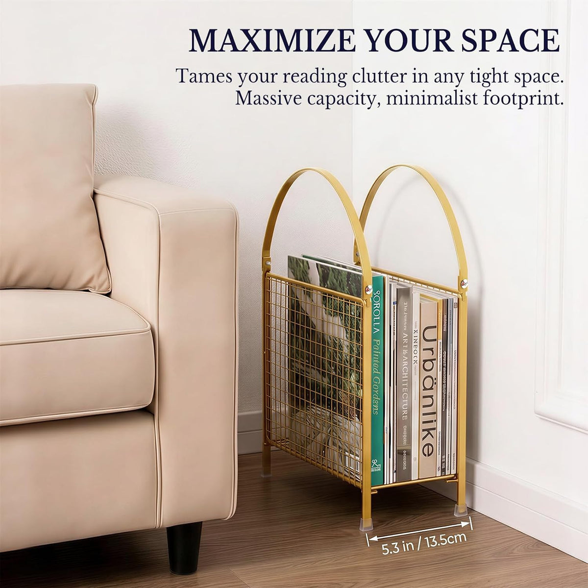 Gold metal mesh magazine rack beside a beige sofa showing slim profile and upright arched handles