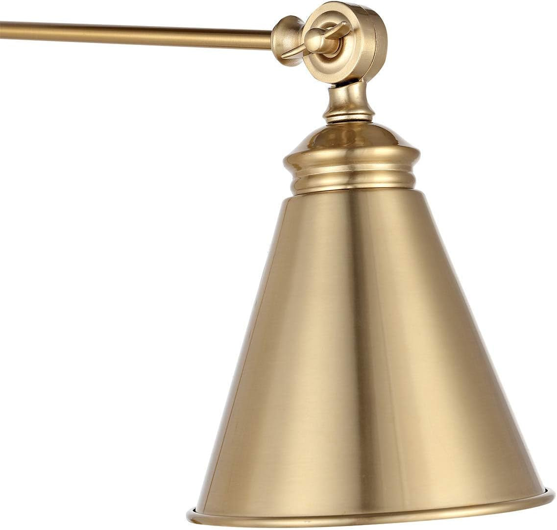 Close-up of conical brass lamp shade with polished, warm-gold finish and decorative top collar.