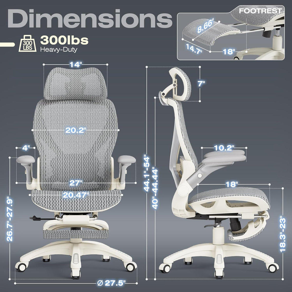 Diagram with measurements and dimensions of grey mesh office chair including footrest length labels