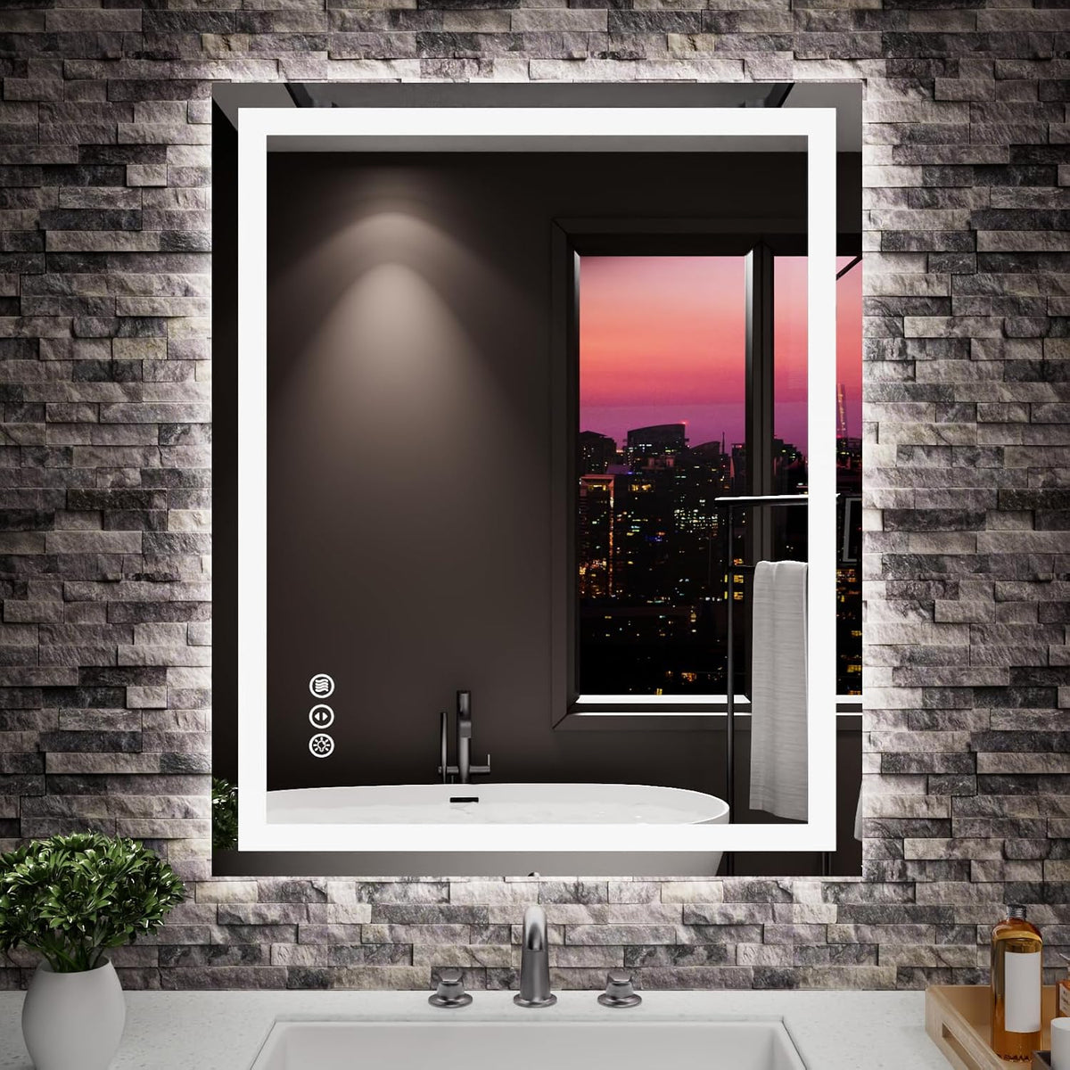 Rectangular LED bathroom mirror front view with illuminated double-light frame mounted on a textured stone wall