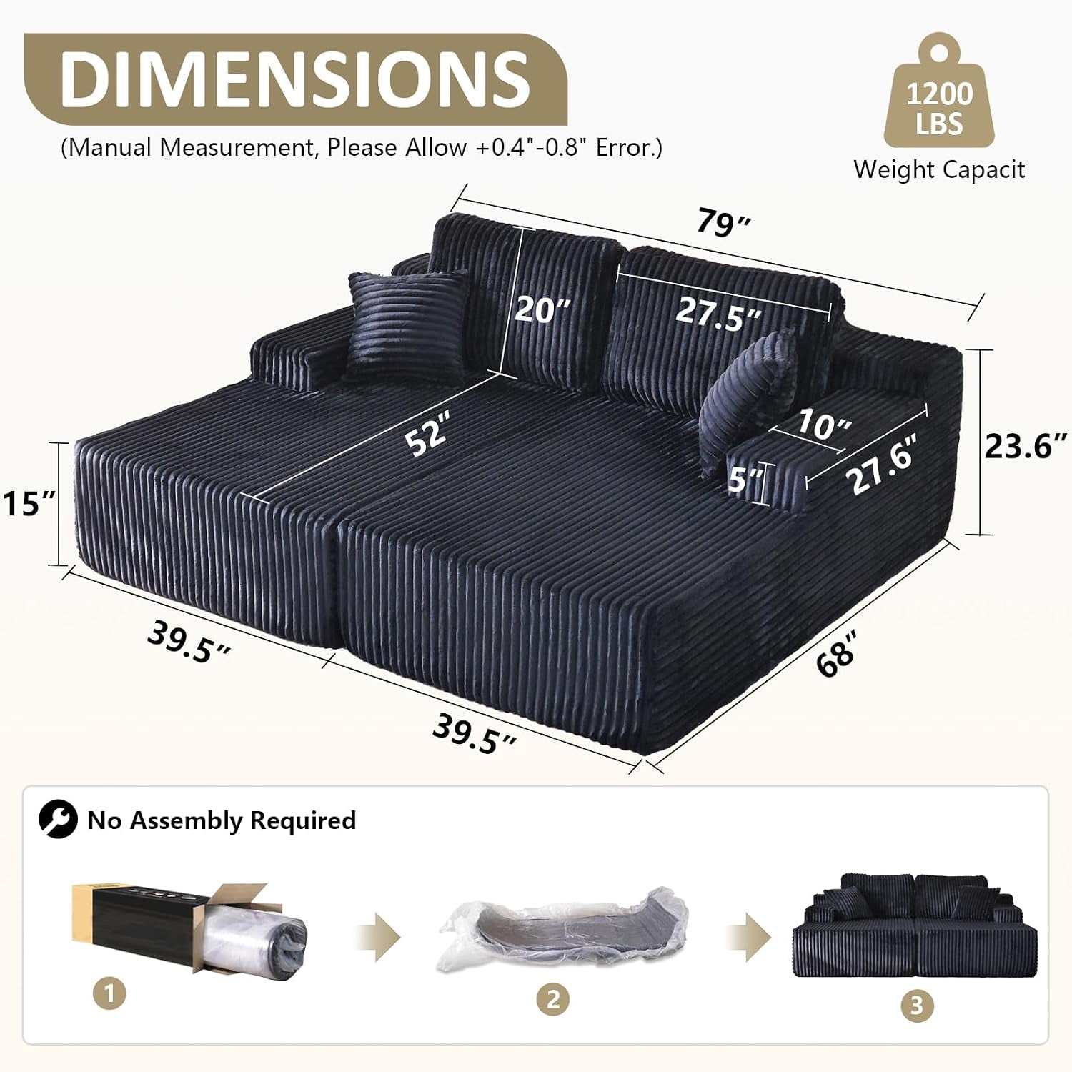 Oversized 79” Double Chaise Lounge Sofa Bed, Deep Seat Corduroy Cloud Loveseat Chair, No Assembly, Plush Upholstered Sleeper for Living Room or Bedroom (Dark Black)