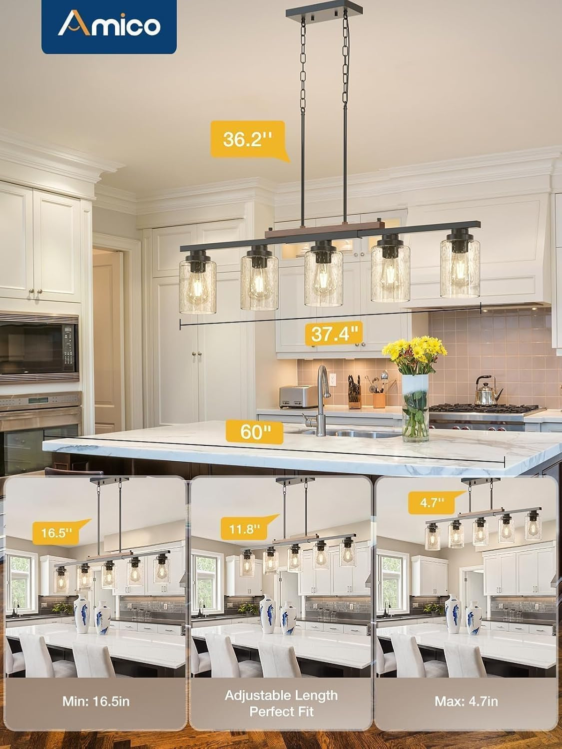 Diagram overlay showing fixture width and three example hanging heights for the five-light seeded glass pendant