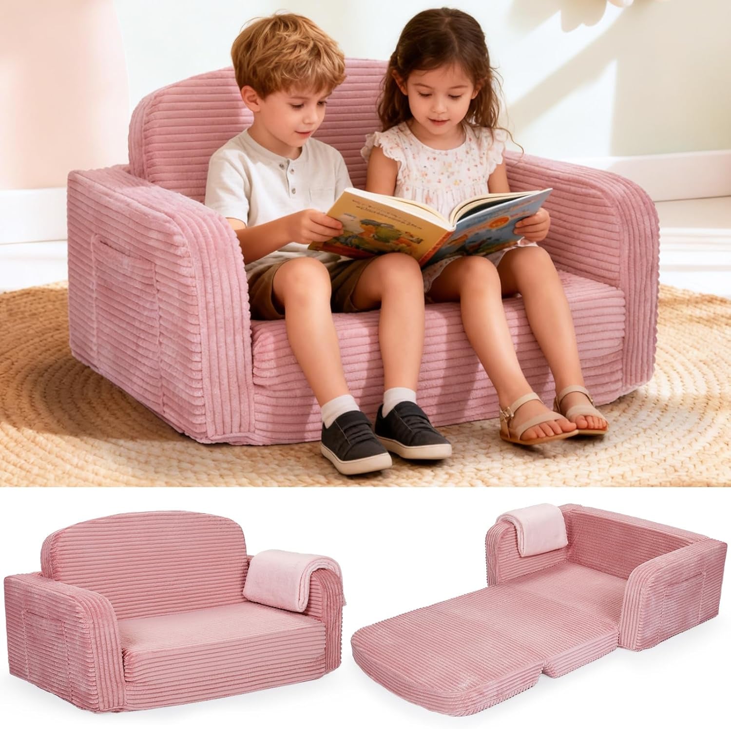 Two children reading together on a pink corduroy toddler sofa placed on a round woven rug.