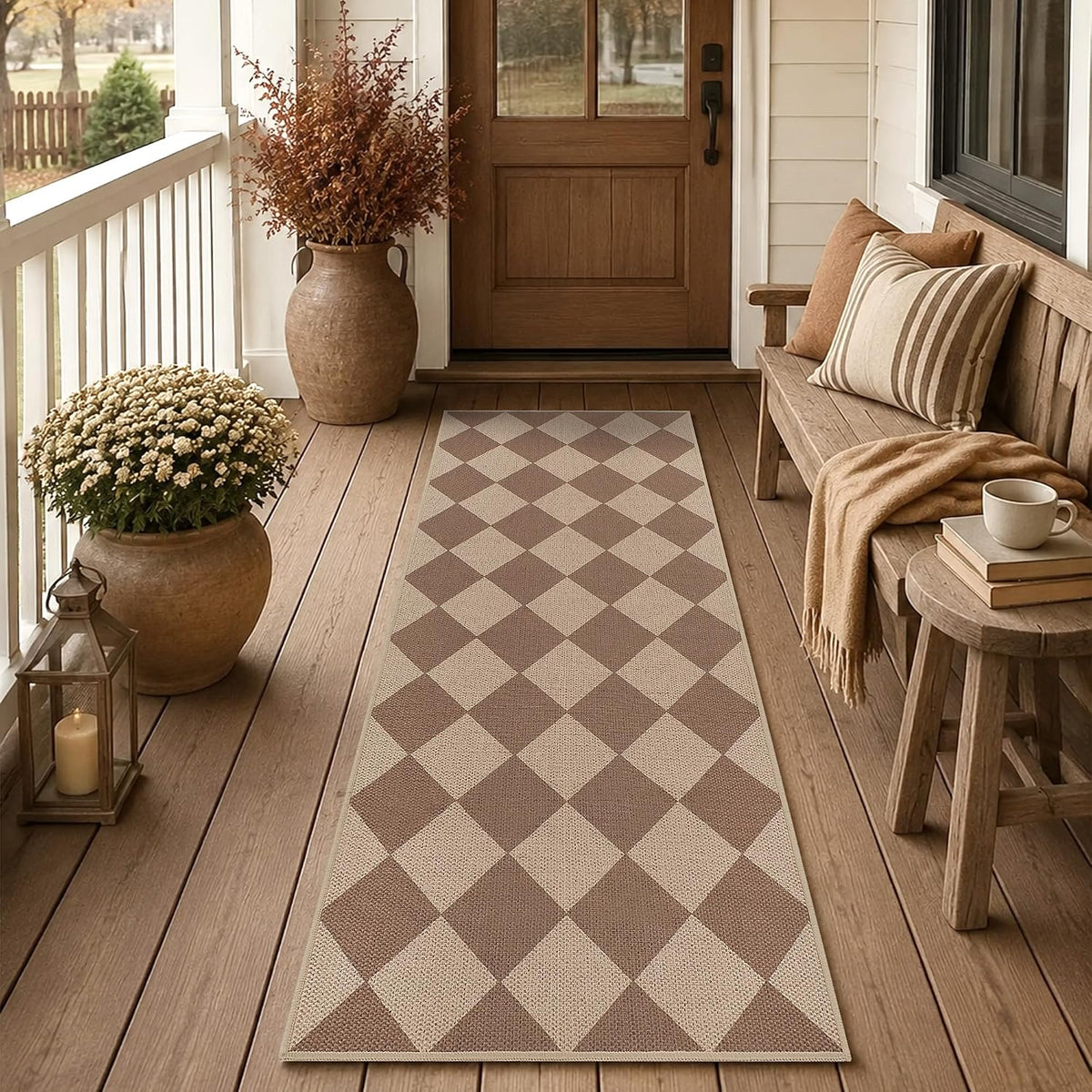 Long diamond-check runner on a wooden porch beside a bench, potted plants and lantern.