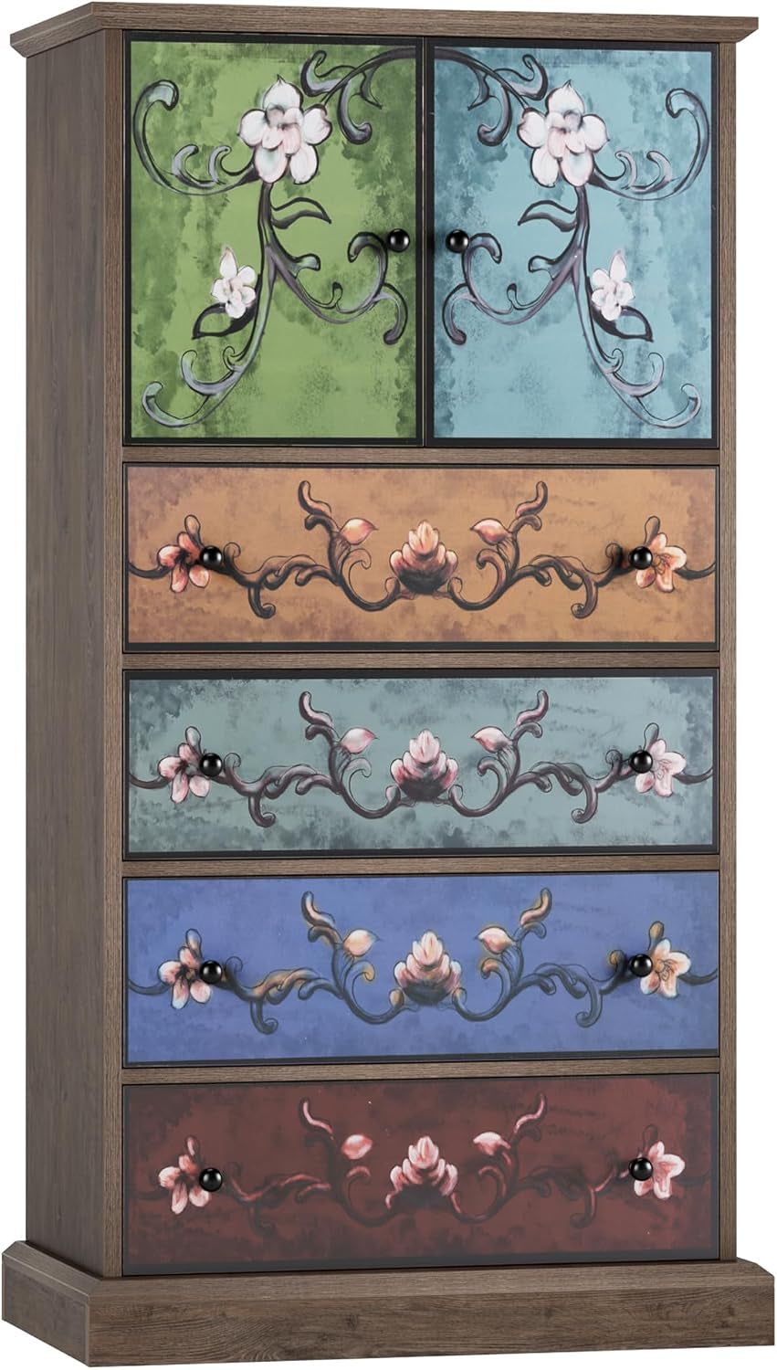 Front view of tall dresser showing floral printed drawer and cupboard panels and vintage black knobs