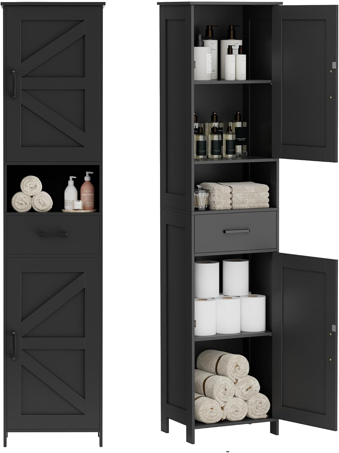 Matte black tall storage cabinet shown closed at left and open at right with shelves, drawer and rolled towels