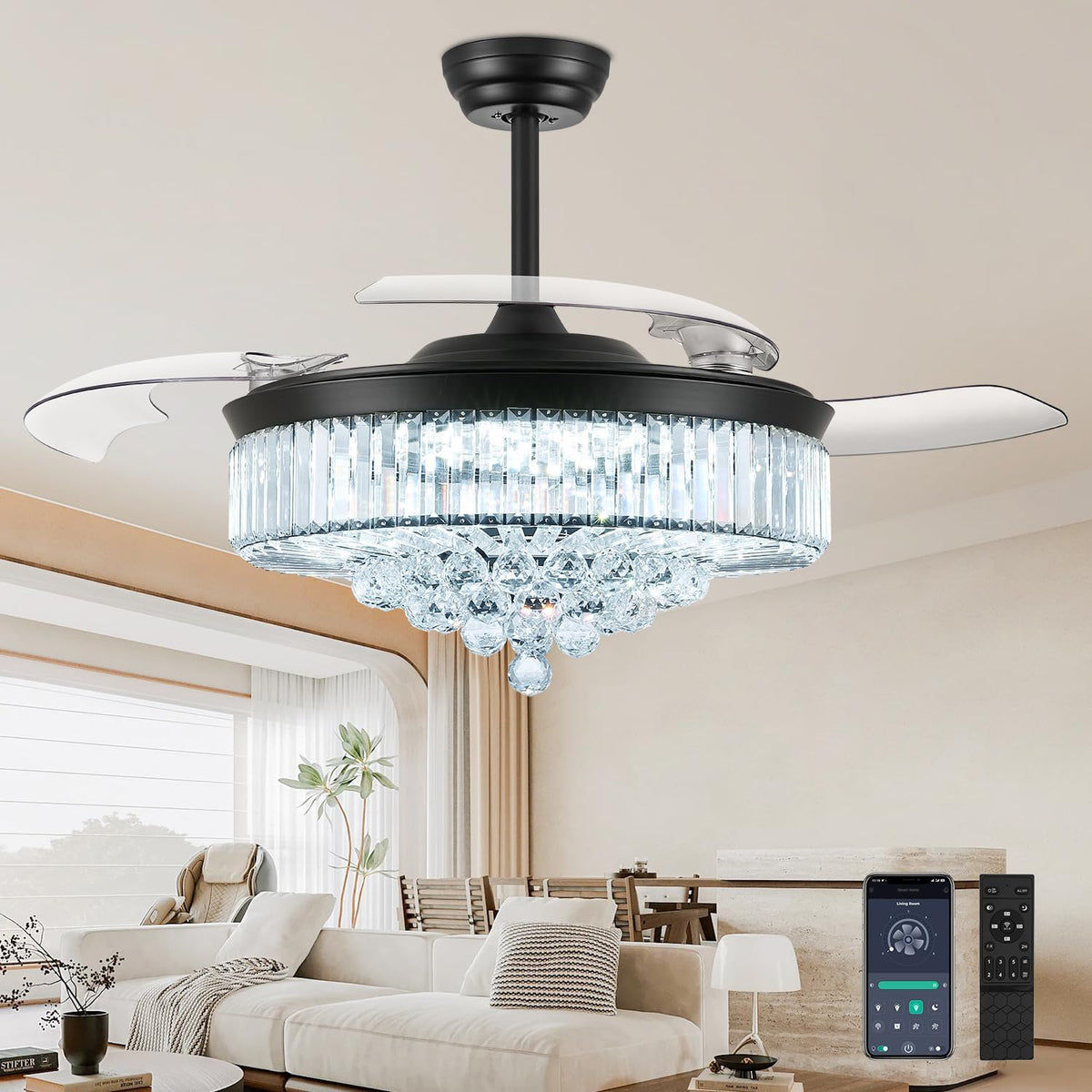 Ceiling fan with crystal chandelier and retractable translucent blades hanging over a modern living room; remote and phone