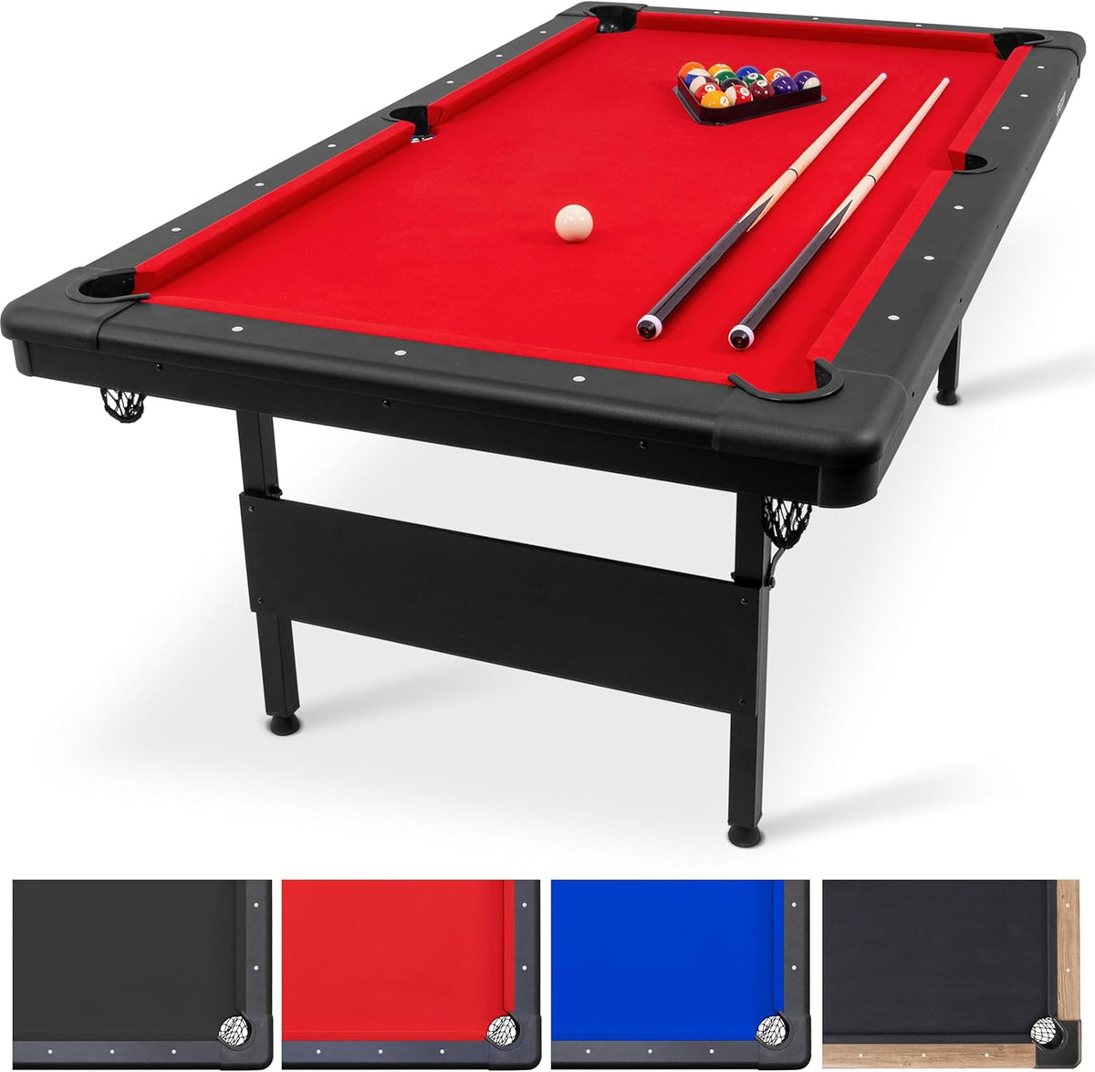 Red-felt foldable billiards table angled front view with two cue sticks and a racked ball set