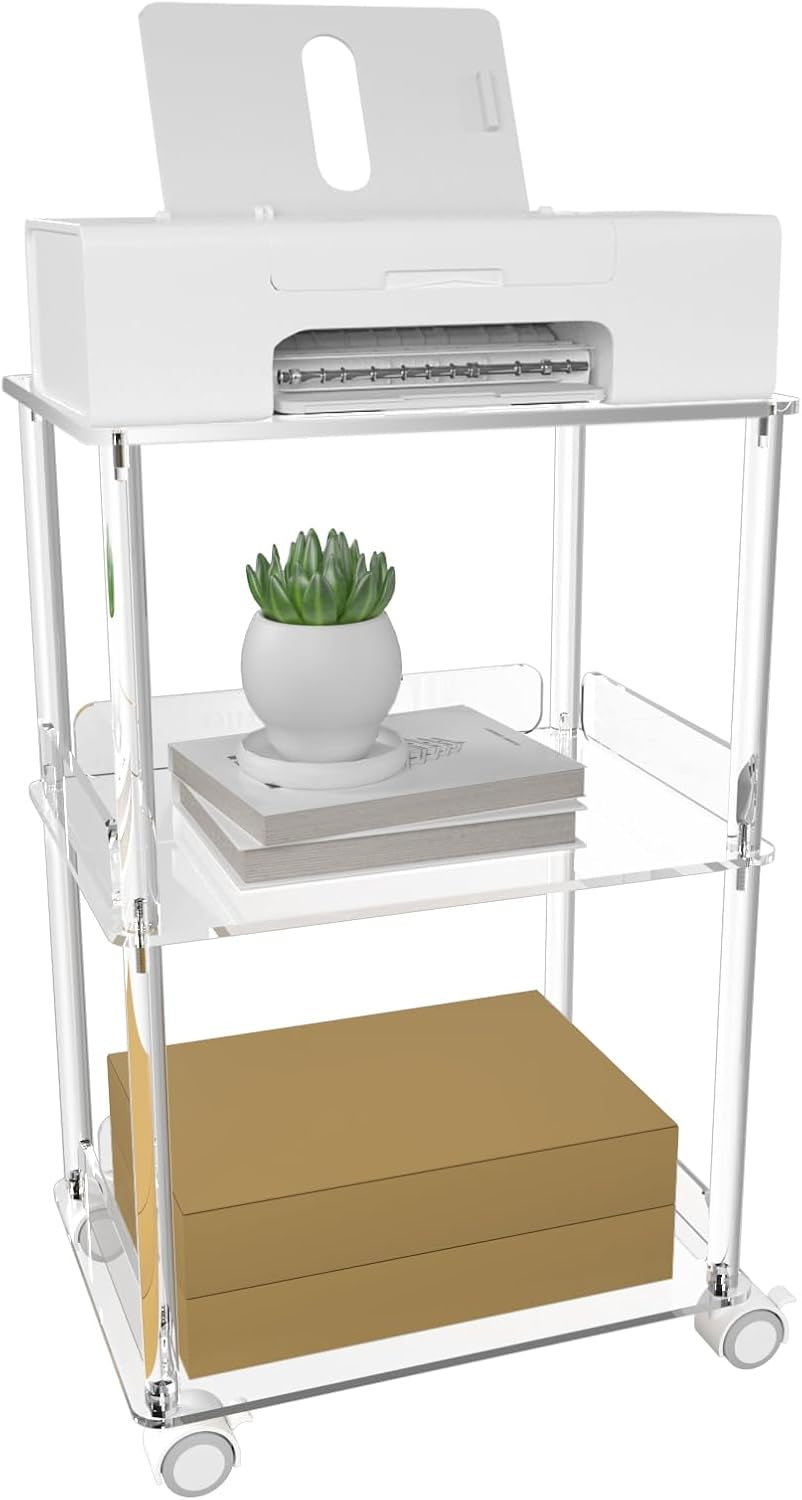 Clear acrylic three-tier stand front view with printer on top, succulent on middle shelf and box on bottom shelf