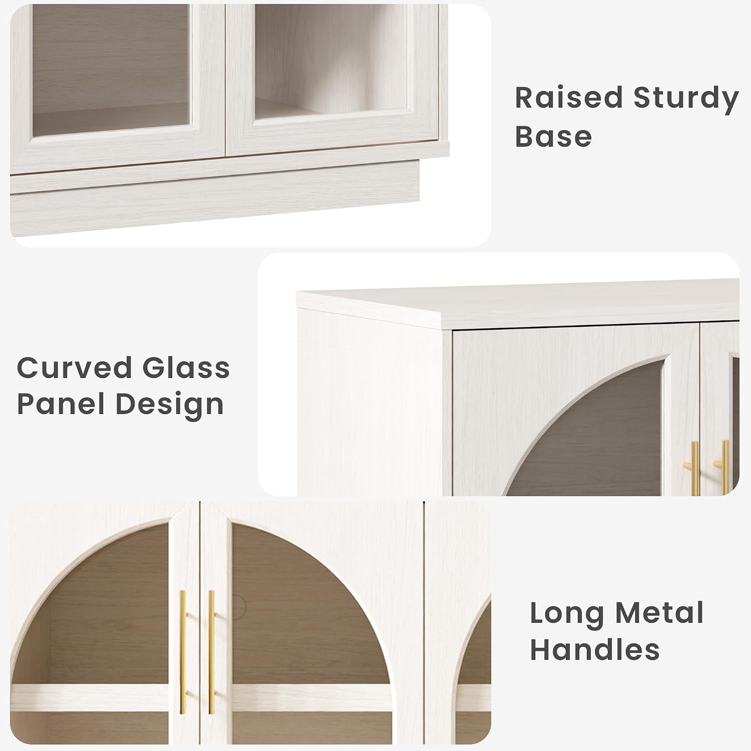 Collage close-ups highlighting the raised sturdy base, thick woodgrain top edge, and metal handles
