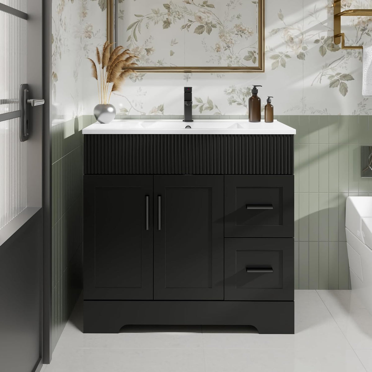 Black single-sink vanity with vertical grooved apron and matte black faucet in compact bathroom.