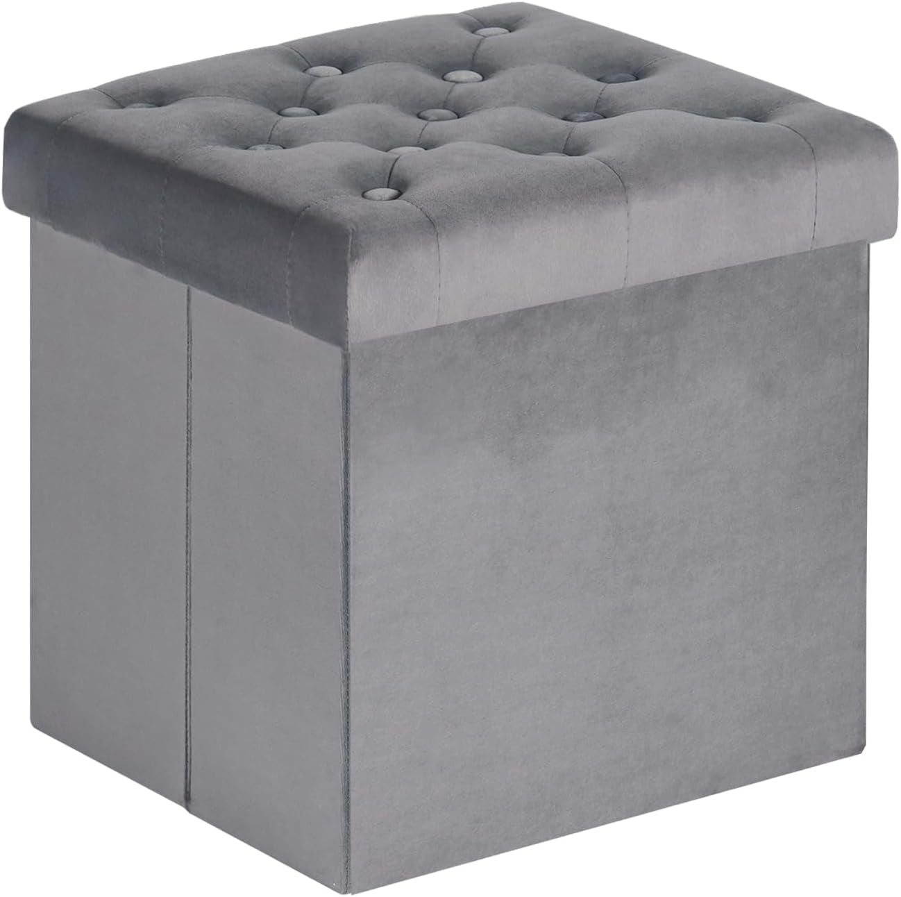 Three-quarter view of a gray square tufted storage ottoman with lid