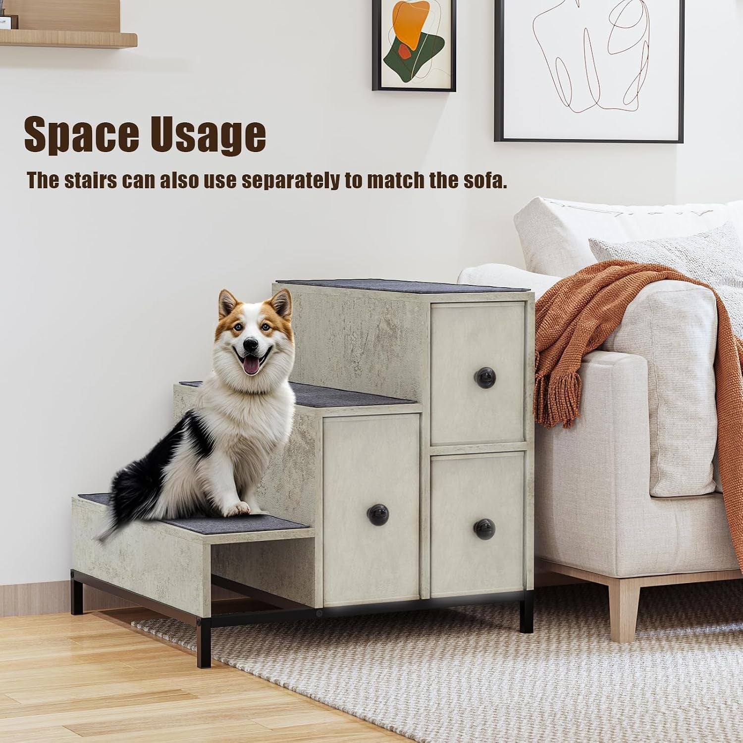Removable stairs placed next to a sofa with a dog sitting on the carpeted top step