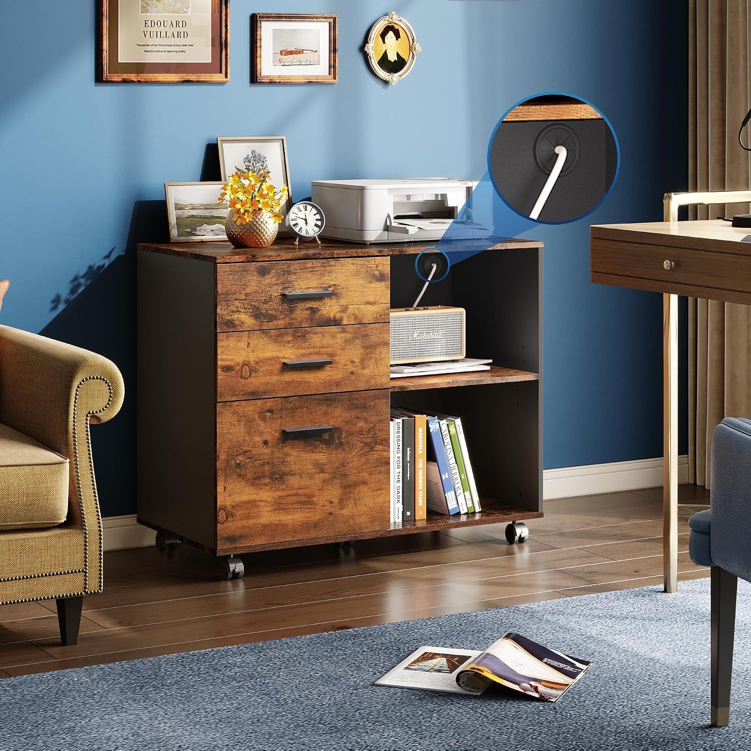 Rustic brown and black mobile file cabinet in a living room setting with a highlighted cable grommet detail on the shelf