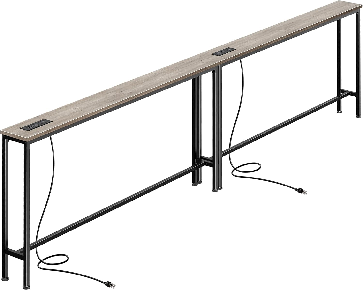 Slim console table with light wood top and black metal frame, two power modules and exposed cords.