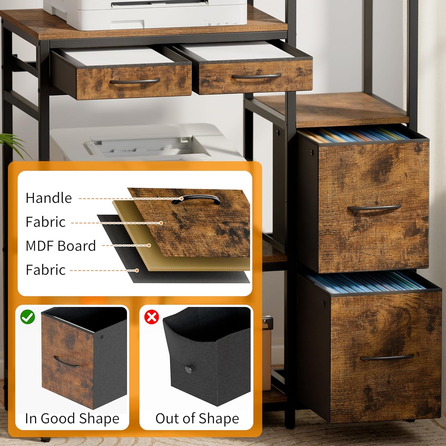 Graphic close-up of drawer construction layers labeled handle, fabric and MDF board with comparison of drawer shape.