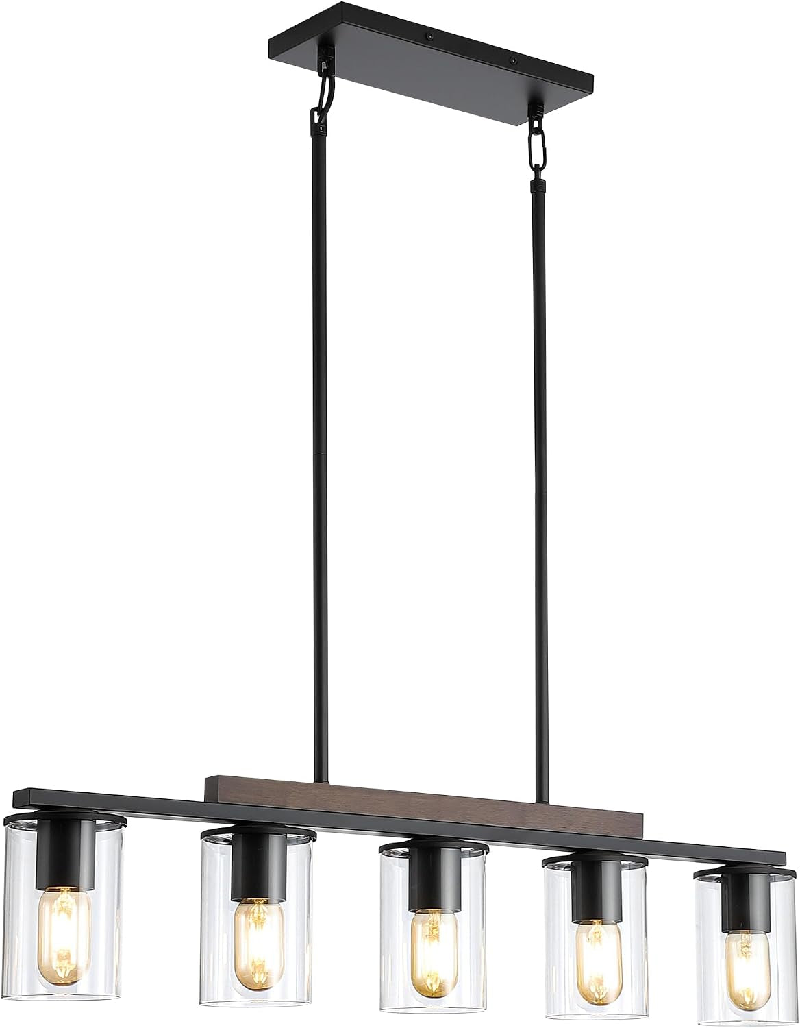 Close-up of the rectangular ceiling canopy and two black suspension rods with wood accent bar above glass shades.