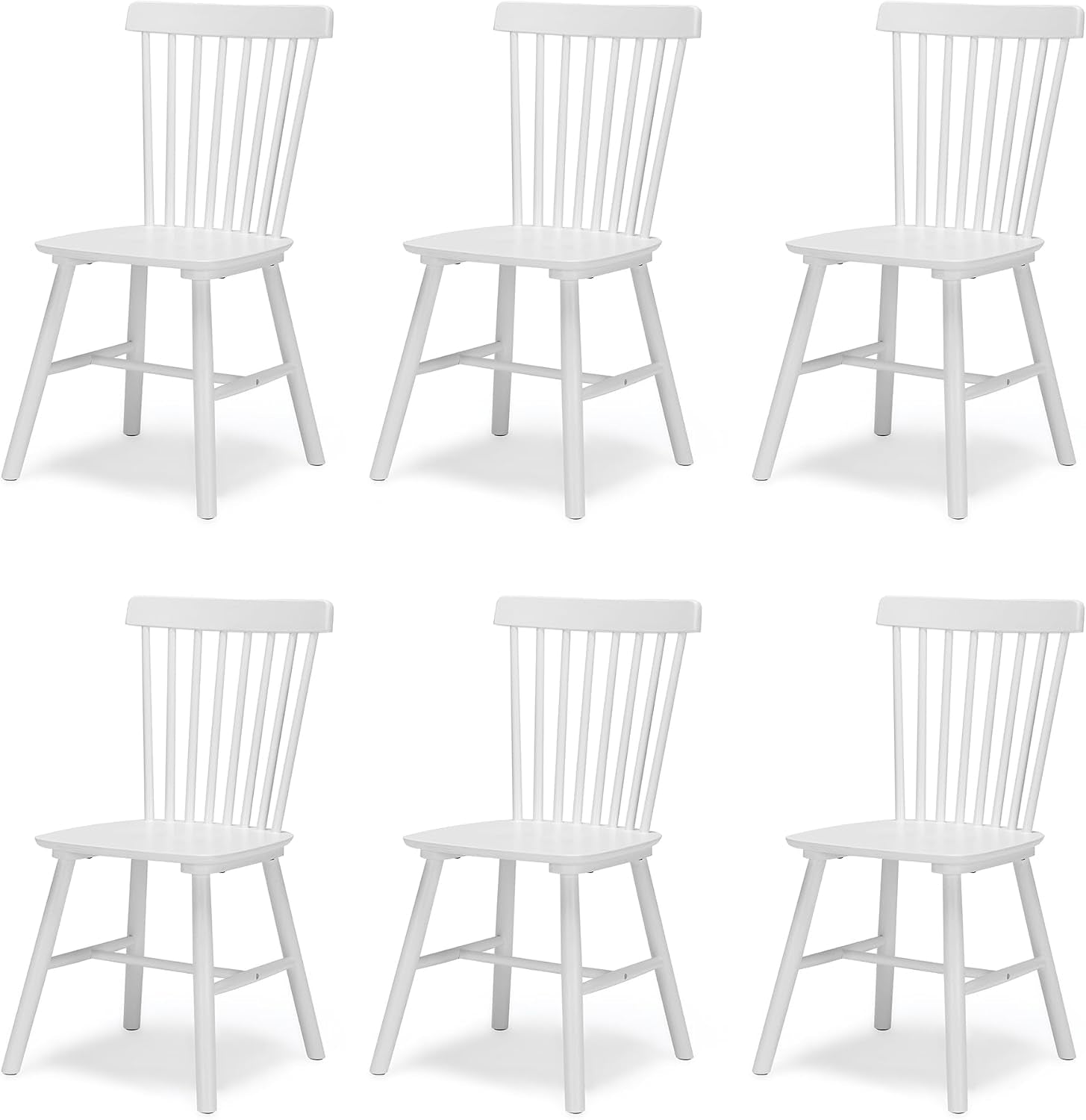 Six white spindle-back wooden chairs arranged in two rows on a white background