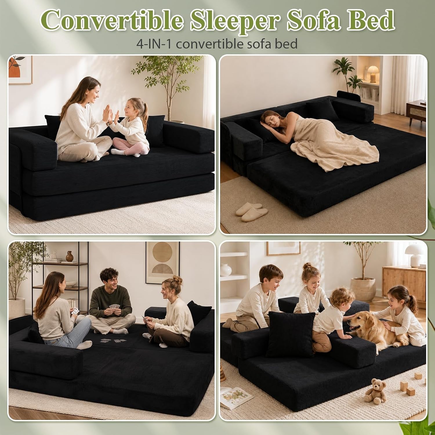 Lifestyle collage of the black sofa bed shown in multiple configurations with people using it as a bed and floor seating