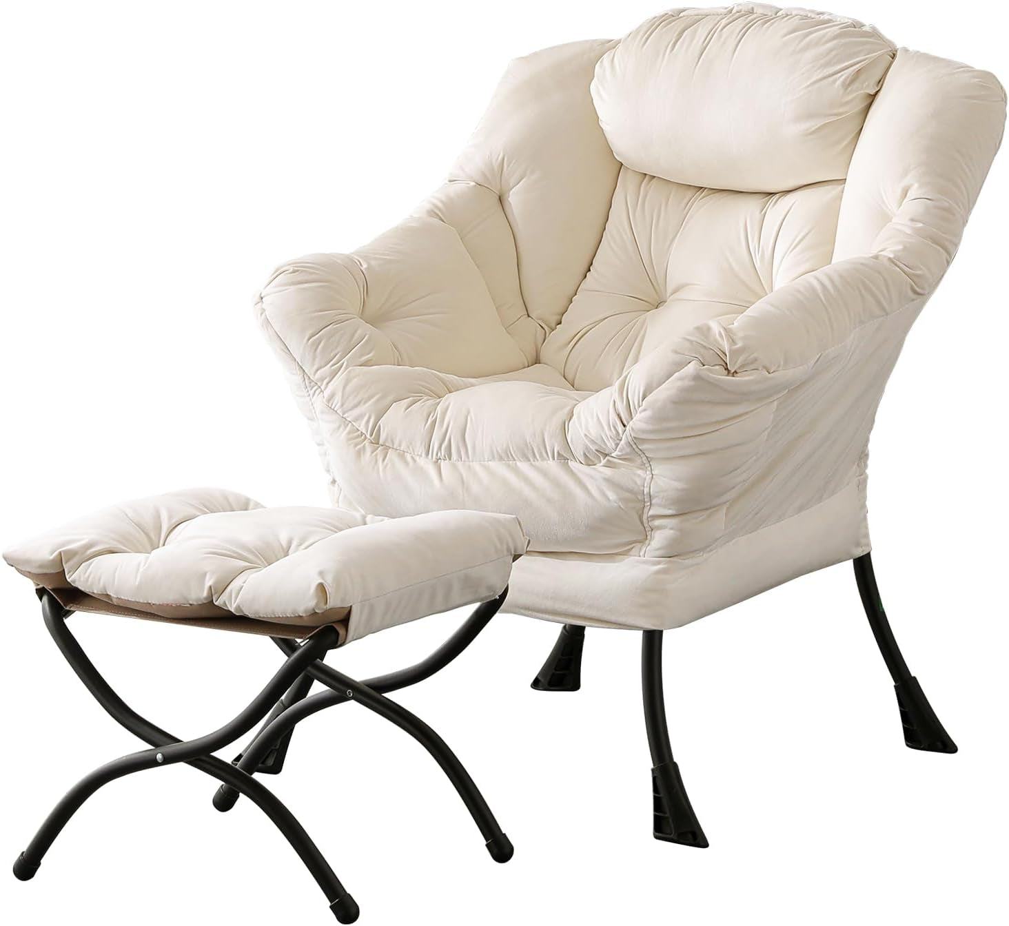 Cream-colored padded lounge chair paired with a tufted ottoman and curved black metal legs
