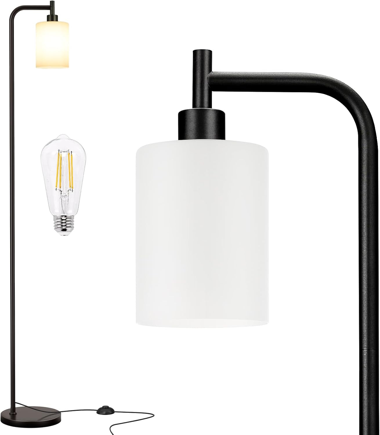 Close-up of a black lamp arm with an opaque white cylindrical shade and a visible black cord and foot switch at base.