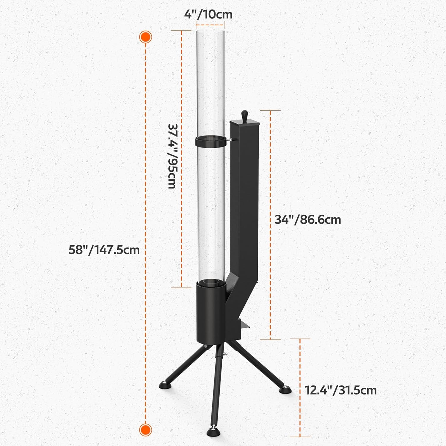Black pellet patio heater with measurement annotations showing total height and tube diameter