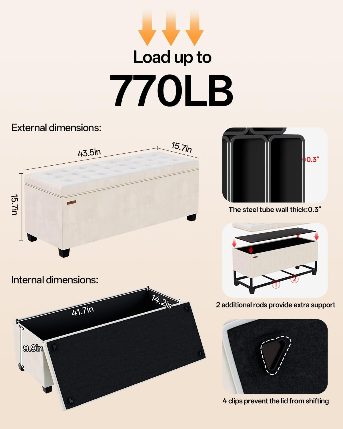 Infographic diagram showing 770 lb load callout, steel tube cross-sections, under-base support rods and lid clips