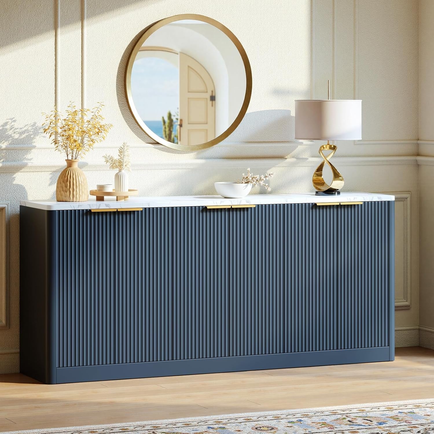 Evermagin 67" Fluted Walnut Buffet Cabinet with Storage | Mid-Century Modern Wood Sideboard, Large Credenza, gallery view 11