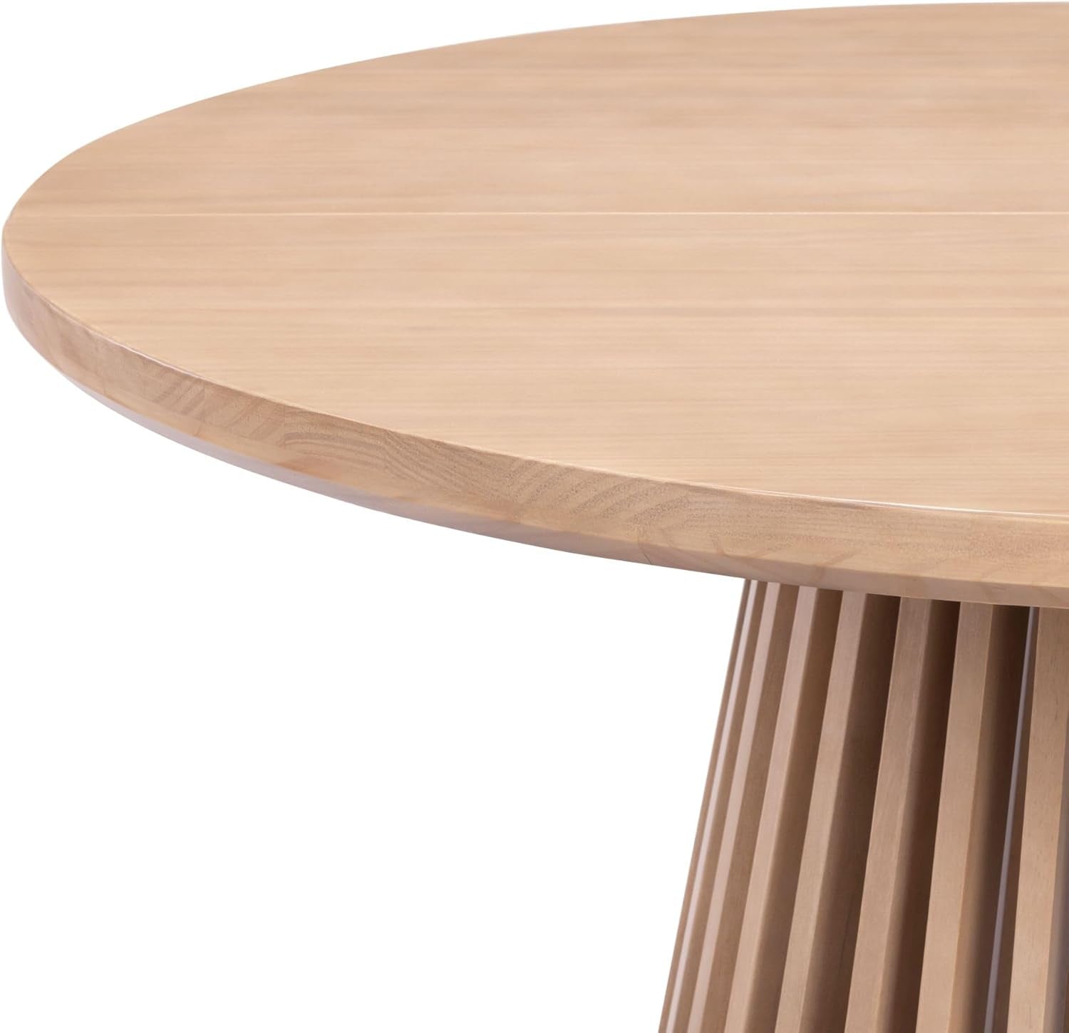 Close-up of the table's rounded tabletop edge in a blonde finish