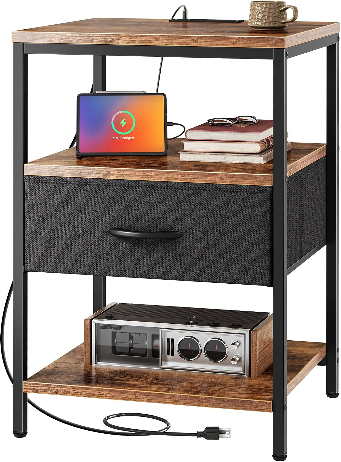 Three-tier brown wood nightstand with black metal frame, fabric drawer and retro radio on lower shelf