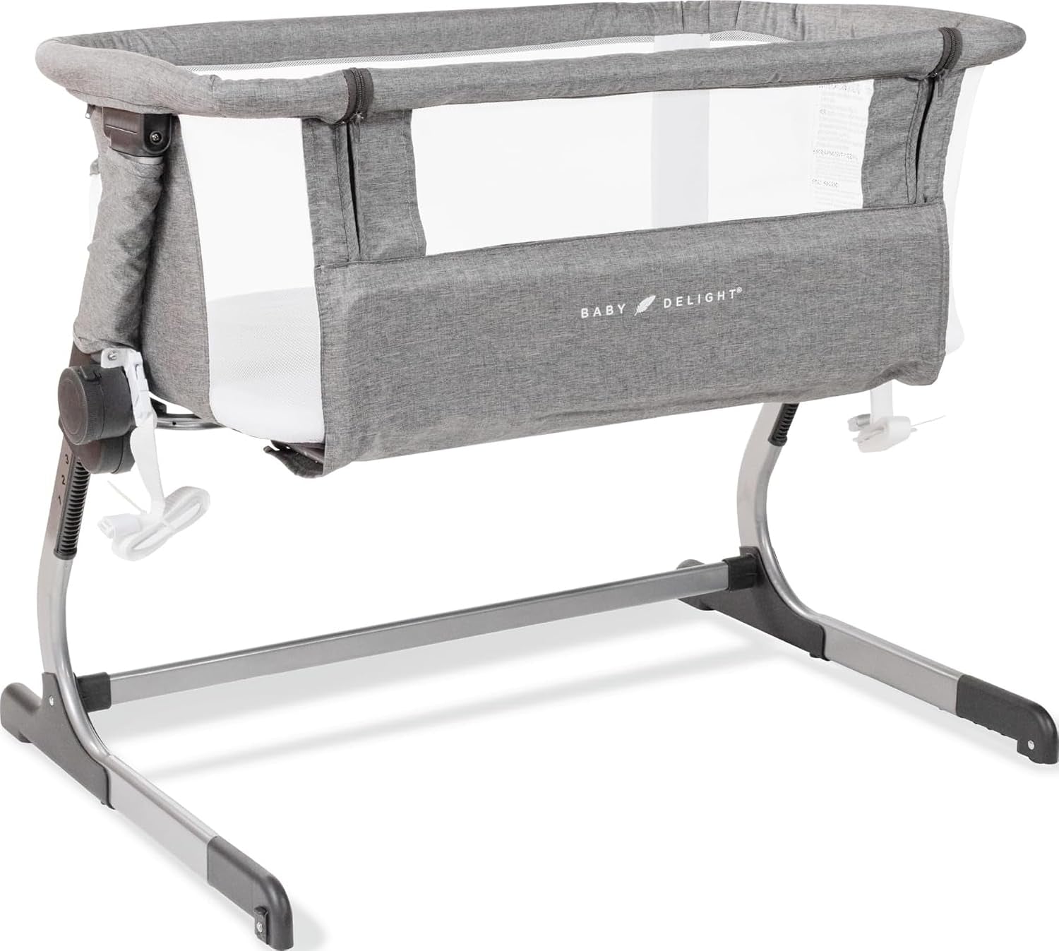 Gray bedside bassinet with mesh sides and metal base shown at an angle on white.