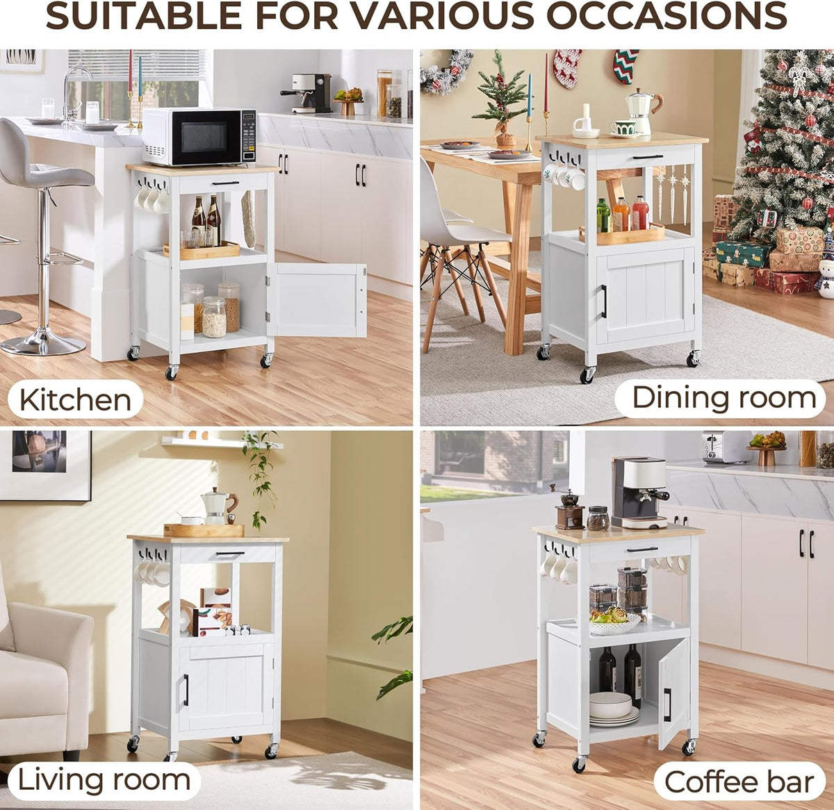 Four lifestyle photos showing the white rolling kitchen cart used in kitchen, dining room, living room, and as a coffee bar.