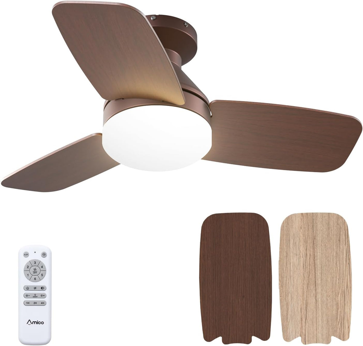 Low-angle view of a brown ceiling fan with illuminated round diffuser, remote and two wood blade samples below