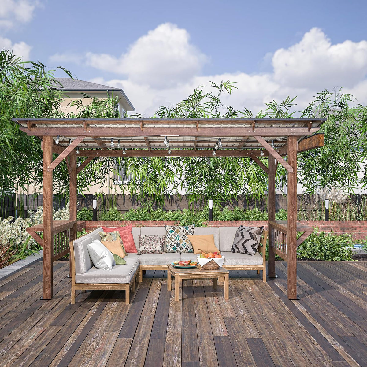 Brown fir wood grill gazebo with clear metal roof and string bulbs, front view over outdoor sectional seating