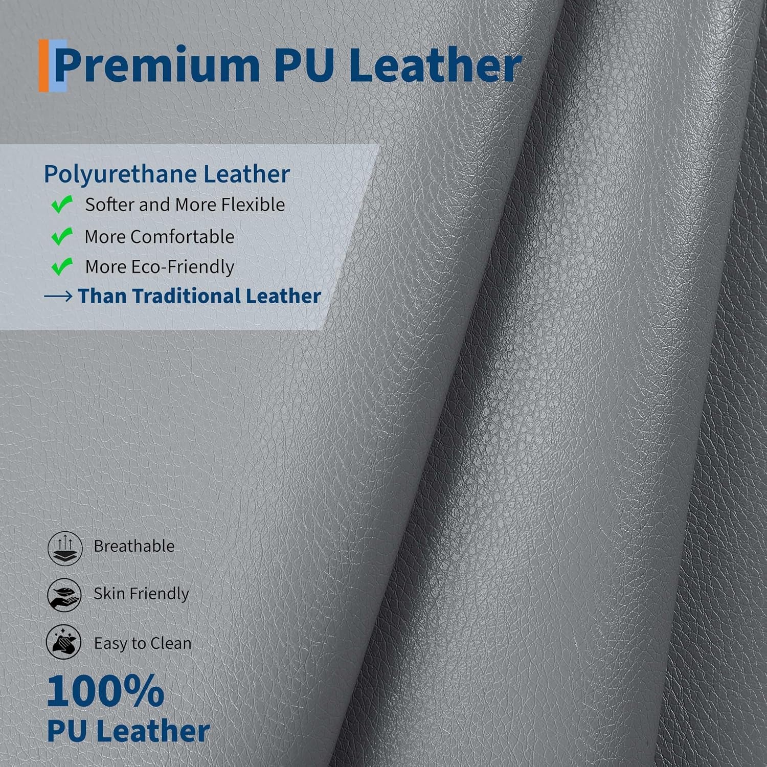 Close-up of grey premium PU leather texture showing the grain and finish of the material