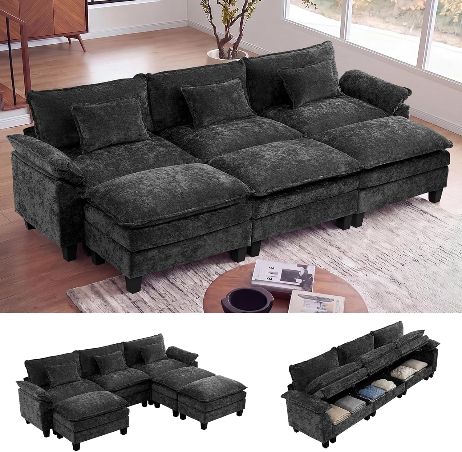 Charcoal modular sectional arranged as a sleeper-style lounge in a modern room