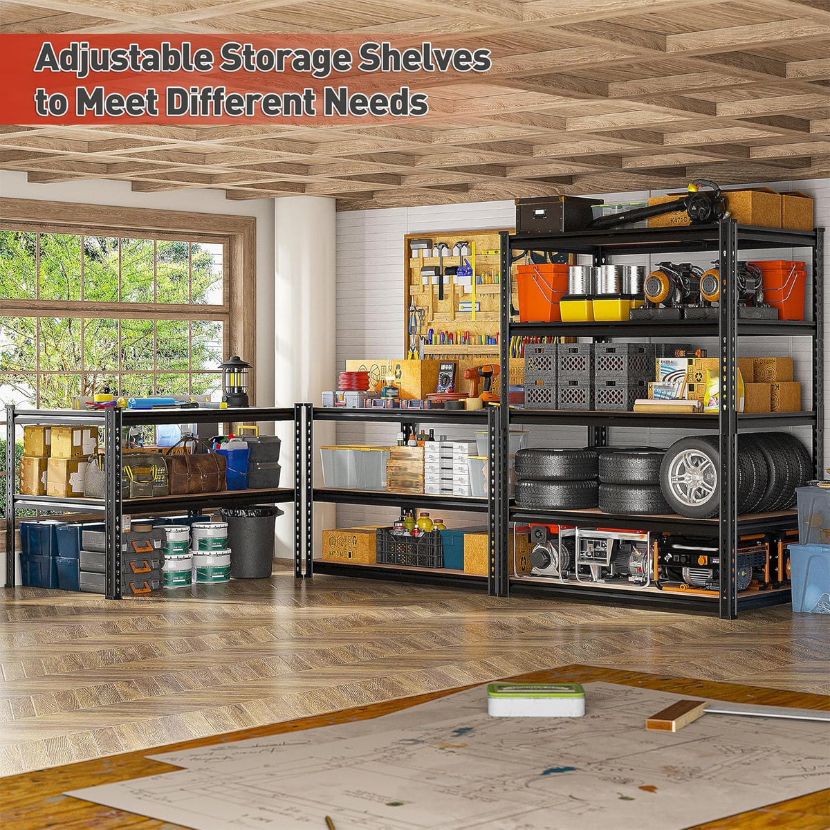 Several adjustable black shelving units holding storage in a garage workshop