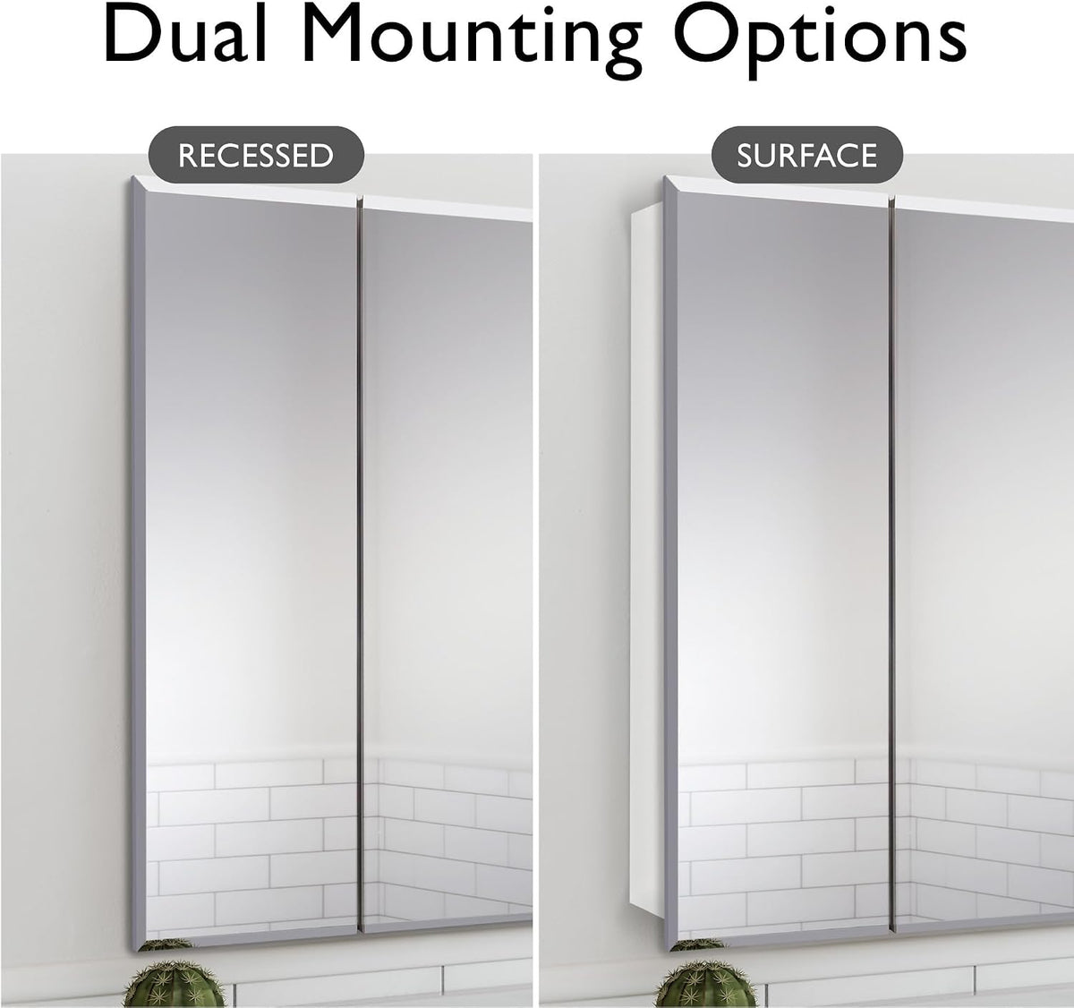 Two side-by-side views of the mirror cabinet illustrating recessed and surface mounting on a tiled wall