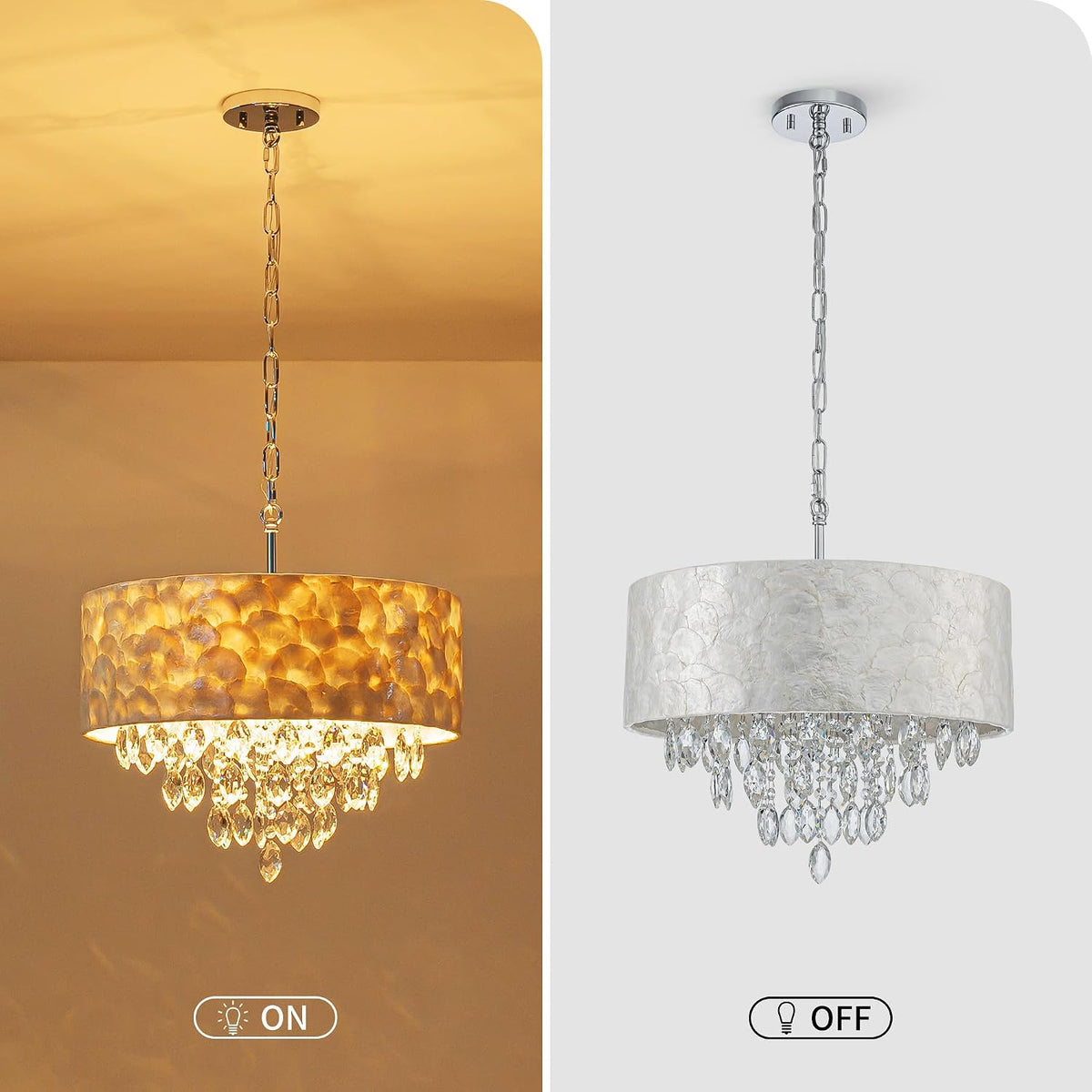 Split comparison image showing the chandelier lit with a warm glow on the left and turned off on the right.